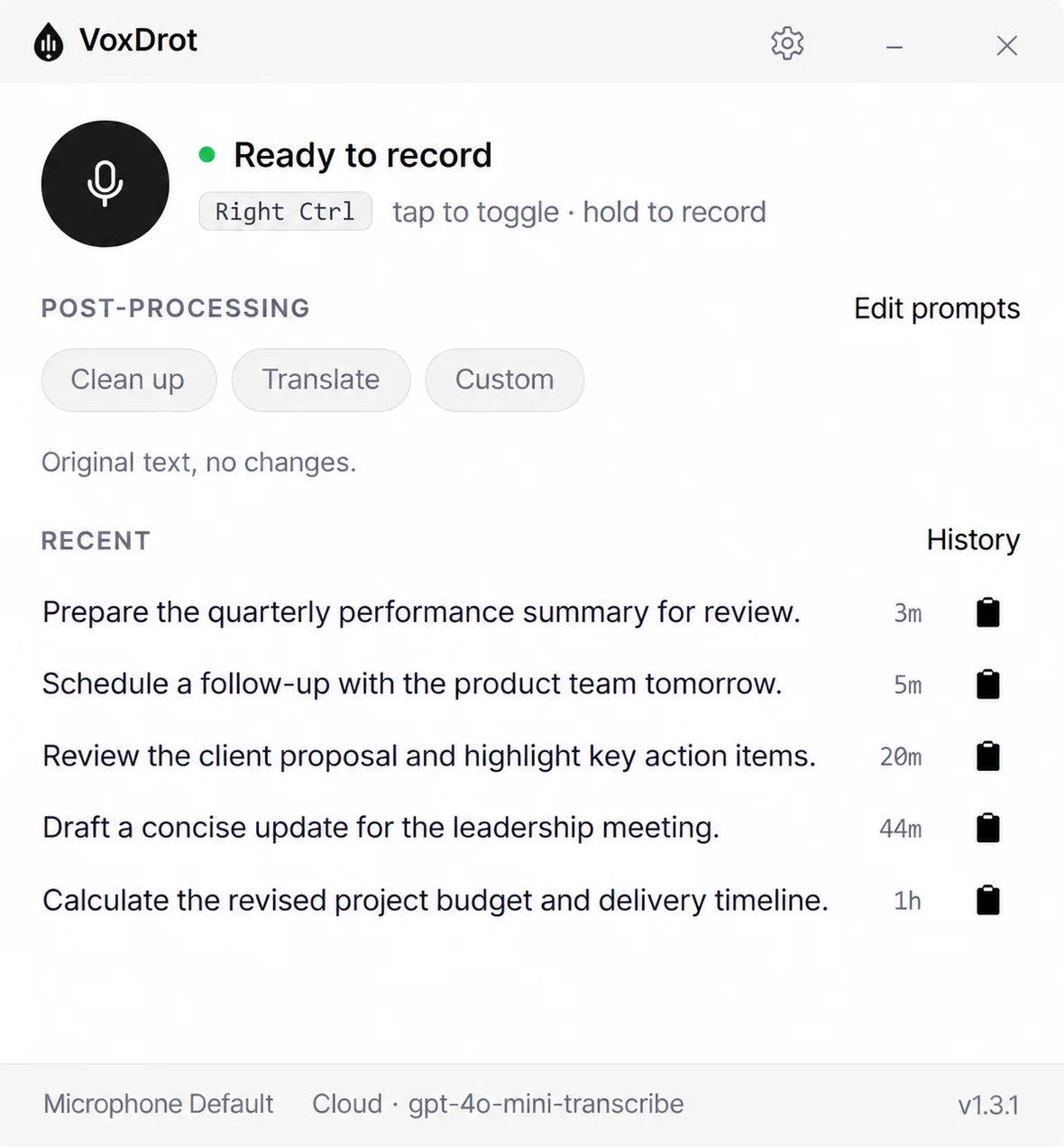The VoxDrot window in the light theme: the record button, the gesture key, the post-processing modes and the recent dictations.